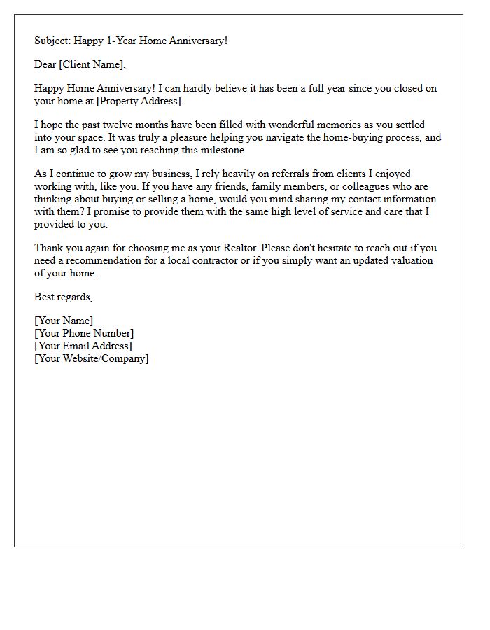 Happy One-Year Home Anniversary Referral Request Letter