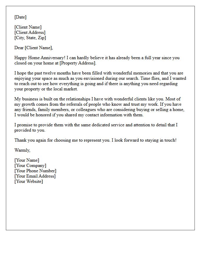 Real Estate One-Year Home Anniversary Update and Referral Letter