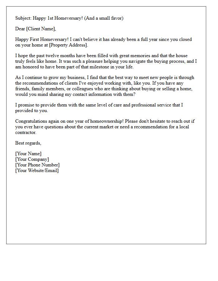 Happy First Homeversary Past Client Referral Request Letter