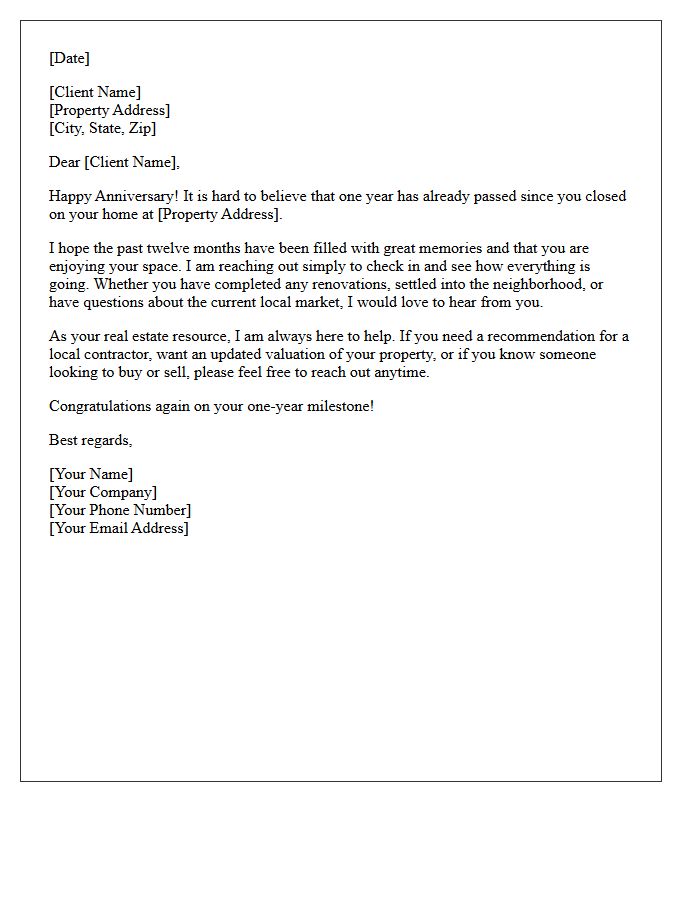 One-Year Homeowner Anniversary Real Estate Check-In Letter