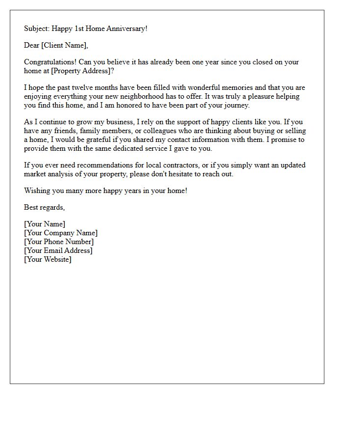 Your First Year as a Homeowner Anniversary Referral Letter