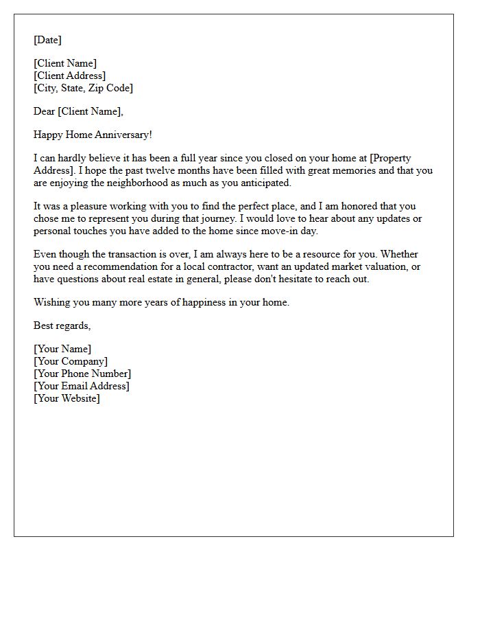 Real Estate Past Client One-Year Home Anniversary Letter