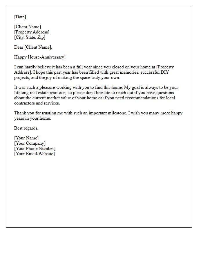 Successful First Year Home Anniversary Real Estate Letter