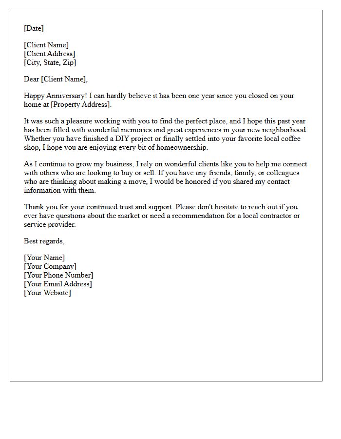 Celebrating One Year of Homeownership Client Referral Letter