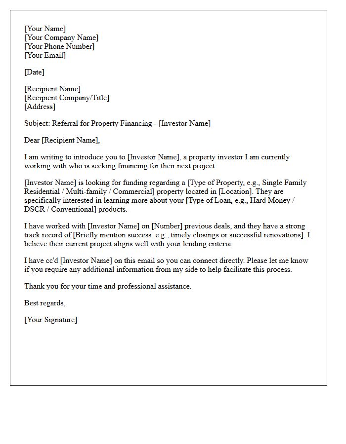 Property Investor Financing Connection Referral Letter