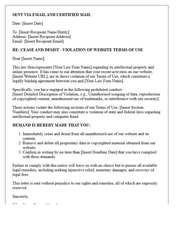 Law Firm Website Terms Violation Cease and Desist Letter