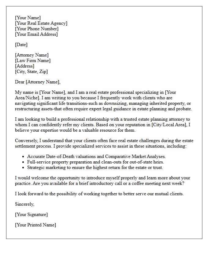 Real Estate Agent Letter Requesting Cross-Industry Referrals from Estate Planning Attorneys