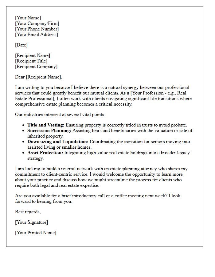 Letter Highlighting Synergies Between Estate Planning Attorneys and Real Estate Professionals