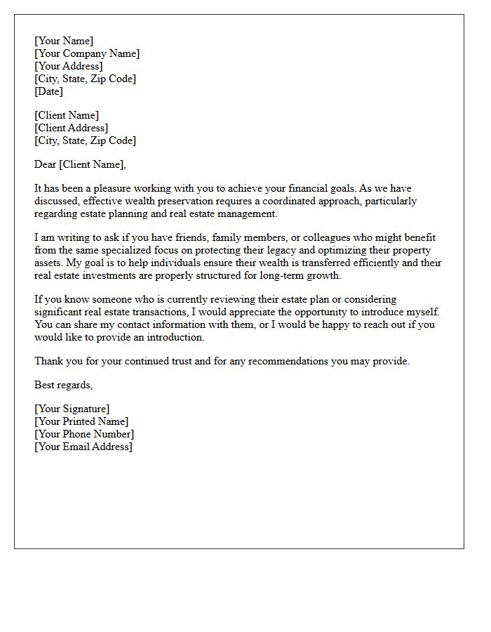 Client Wealth Preservation Referral Request Letter for Estate Planning and Real Estate