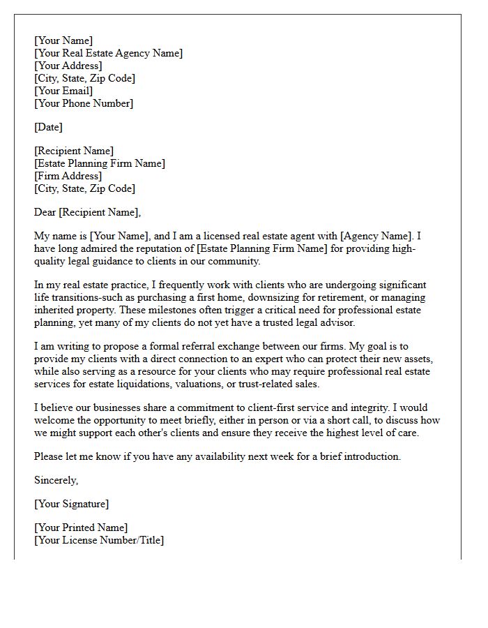 Letter Requesting Referral Exchange Between Real Estate Agency and Estate Planning Firm