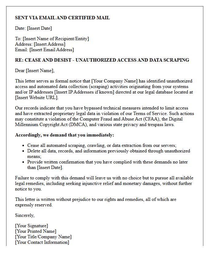 Legal Database Unauthorized Access and Scraping Letter
