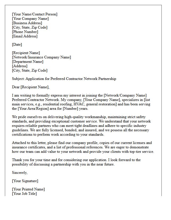 Preferred Contractor Network Application Letter