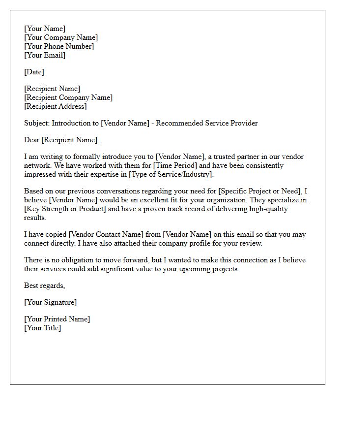 Vendor Network Introduction Referral Letter
