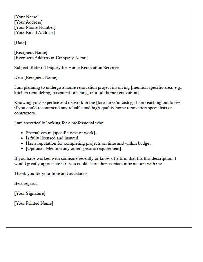 Home Renovation Specialist Referral Inquiry Letter