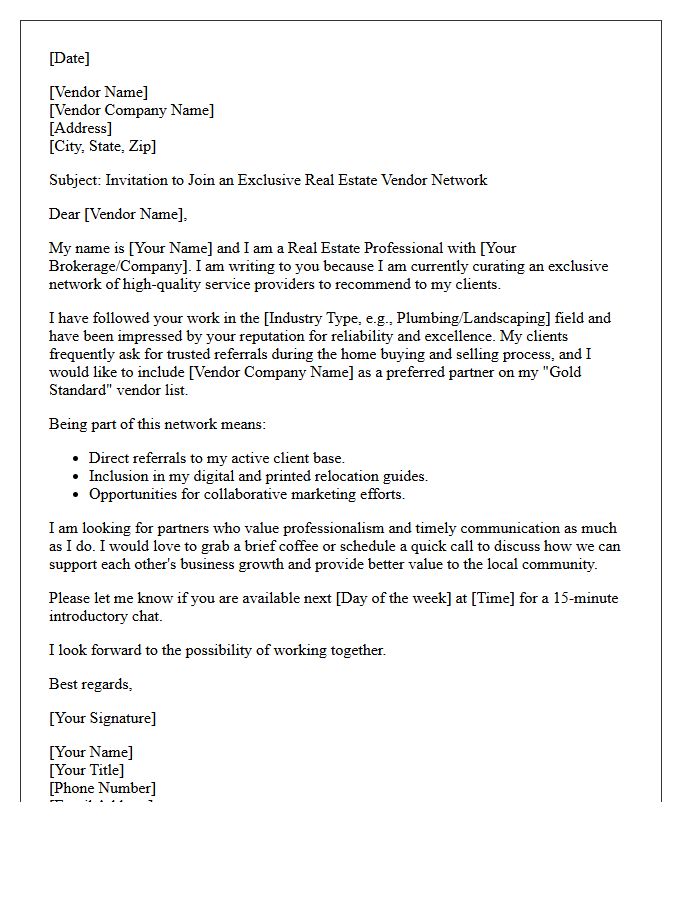 Exclusive Real Estate Vendor Network Letter