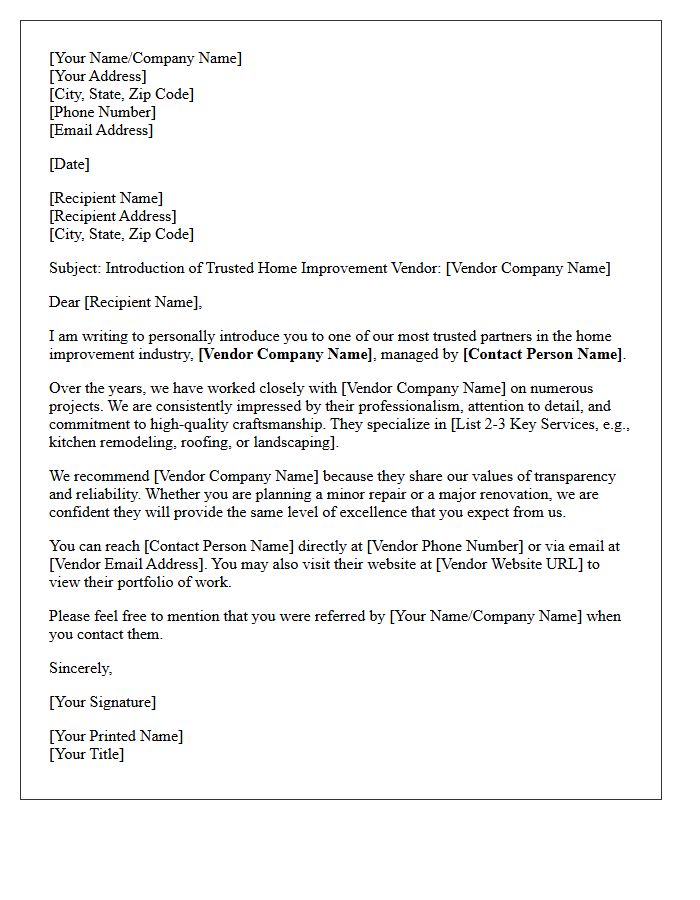 Trusted Home Improvement Vendor Introduction Letter
