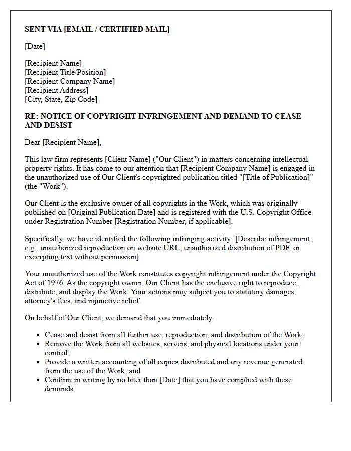 Attorney Publication Copyright Infringement Notice Letter