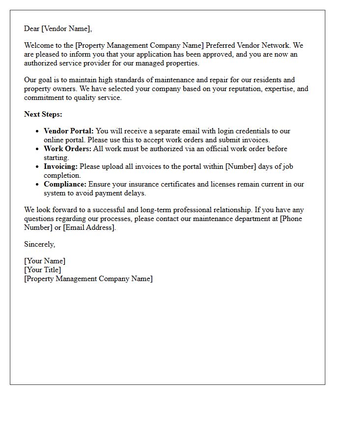 Property Management Vendor Network Welcome Letter