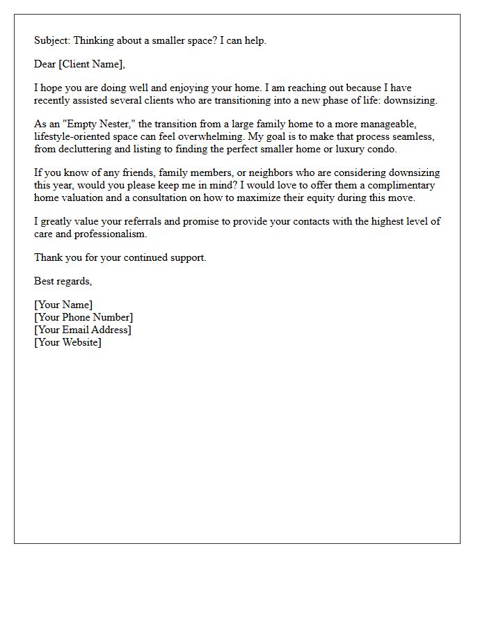 Empty Nester Downsizing Referral Request Letter