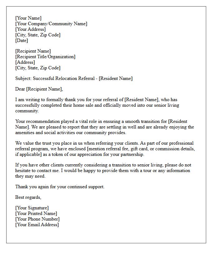 Senior Community Relocation Successful Sale Referral Letter