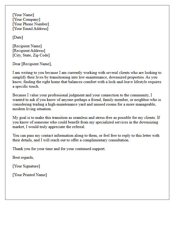 Low Maintenance Living Downsizing Referral Request Letter