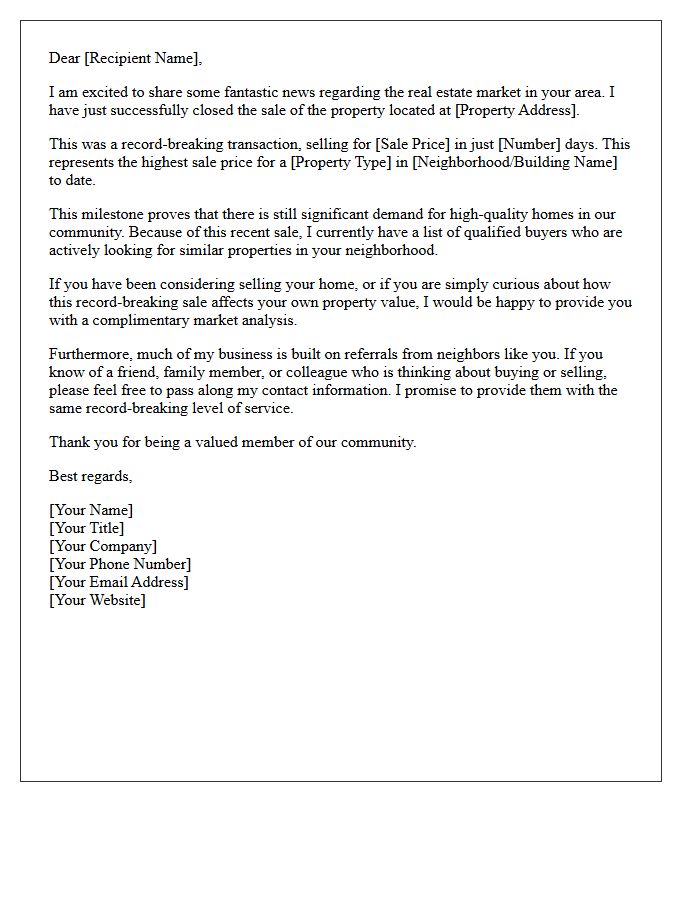 Record-Breaking Sale Announcement and Referral Letter