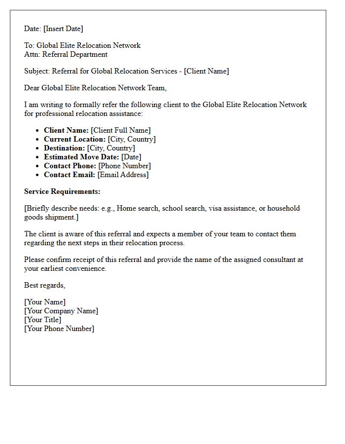 Global Elite Relocation Network Referral Letter
