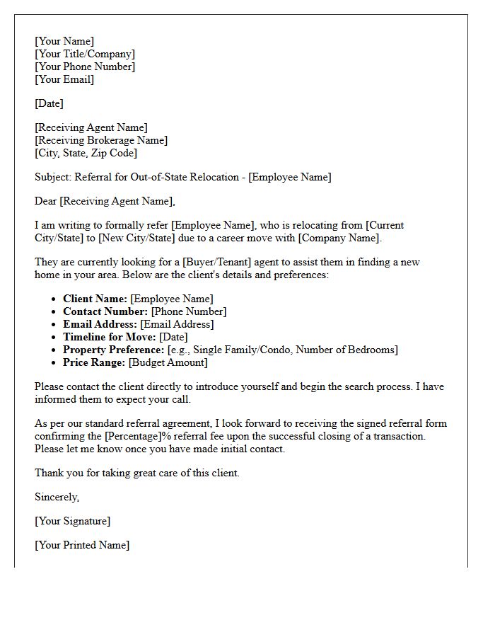 Out-of-State Employee Relocation Real Estate Referral Letter