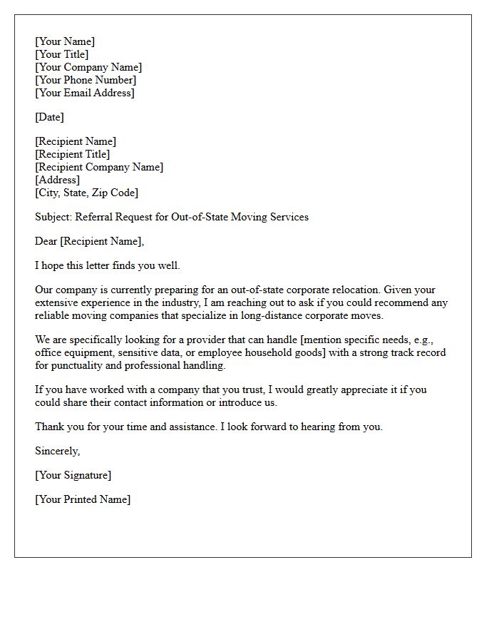 Corporate Moving Company Out-of-State Referral Request Letter