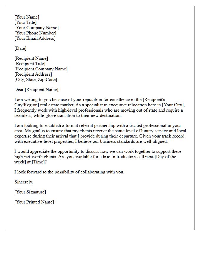 Executive Out-of-State Relocation Referral Partnership Letter