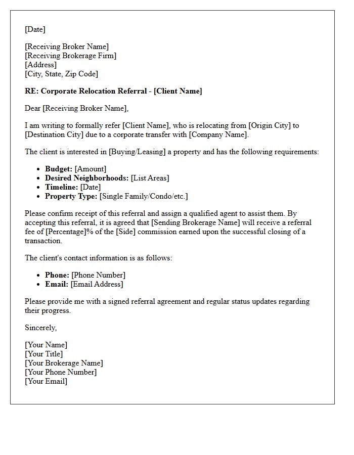 Real Estate Brokerage Corporate Relocation Referral Letter