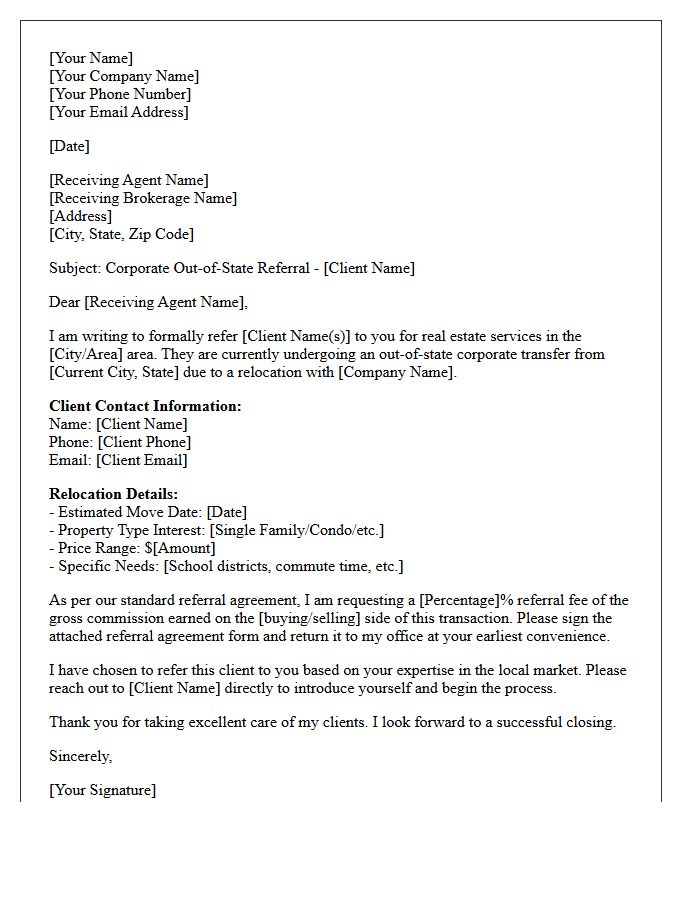 Out-of-State Corporate Transfer Real Estate Referral Letter