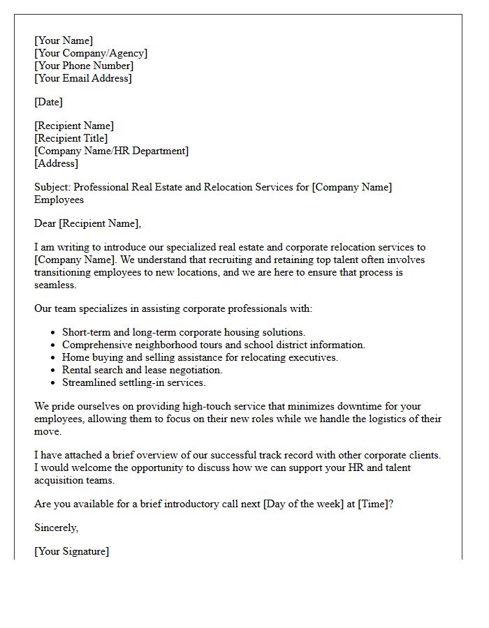 Corporate Housing and Relocation Real Estate Referral Letter