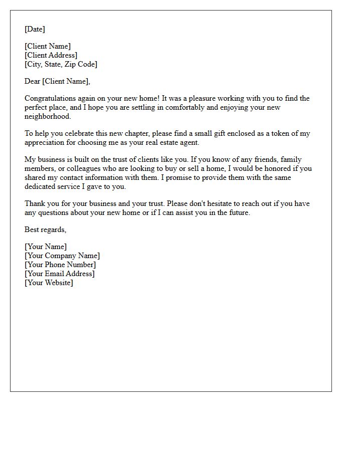 Real Estate Client Housewarming Appreciation and Referral Letter