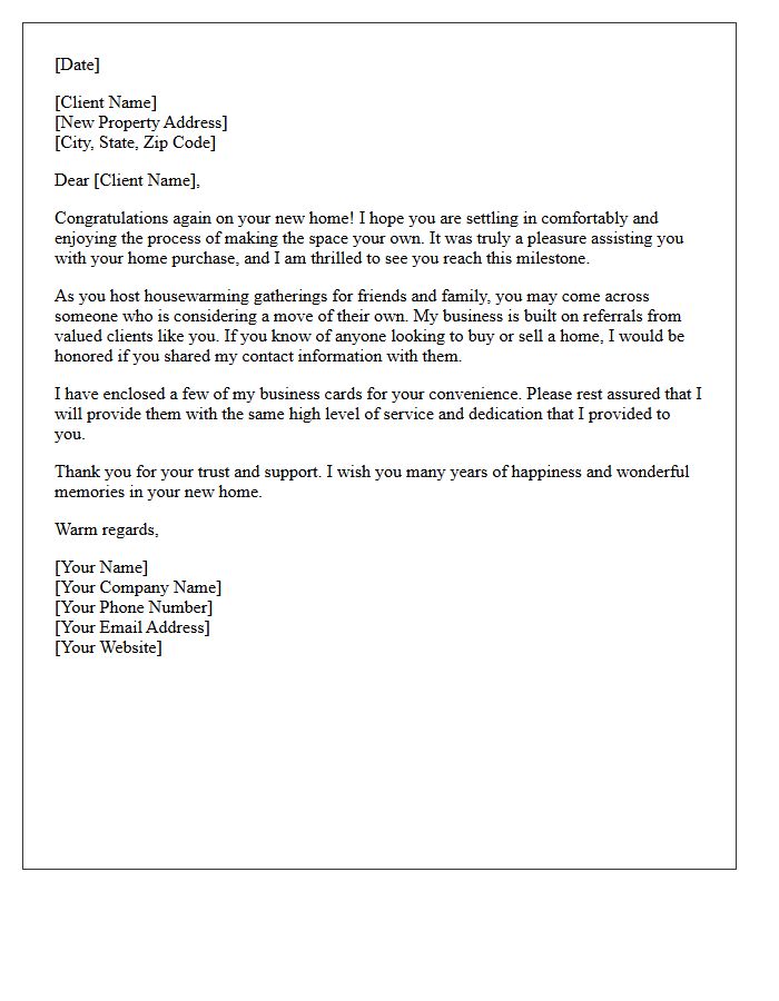 Recent Buyer Housewarming Congratulatory Referral Letter