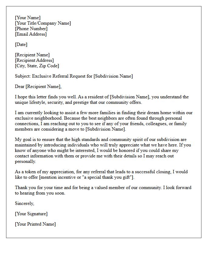 Exclusive Subdivision Referral Request Letter