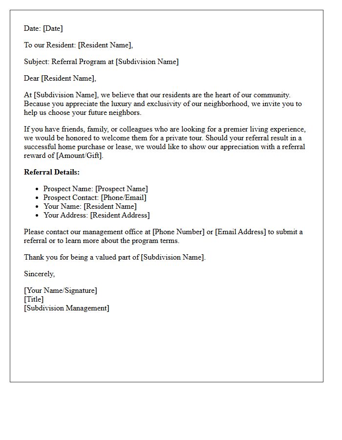Luxury Subdivision Resident Referral Letter
