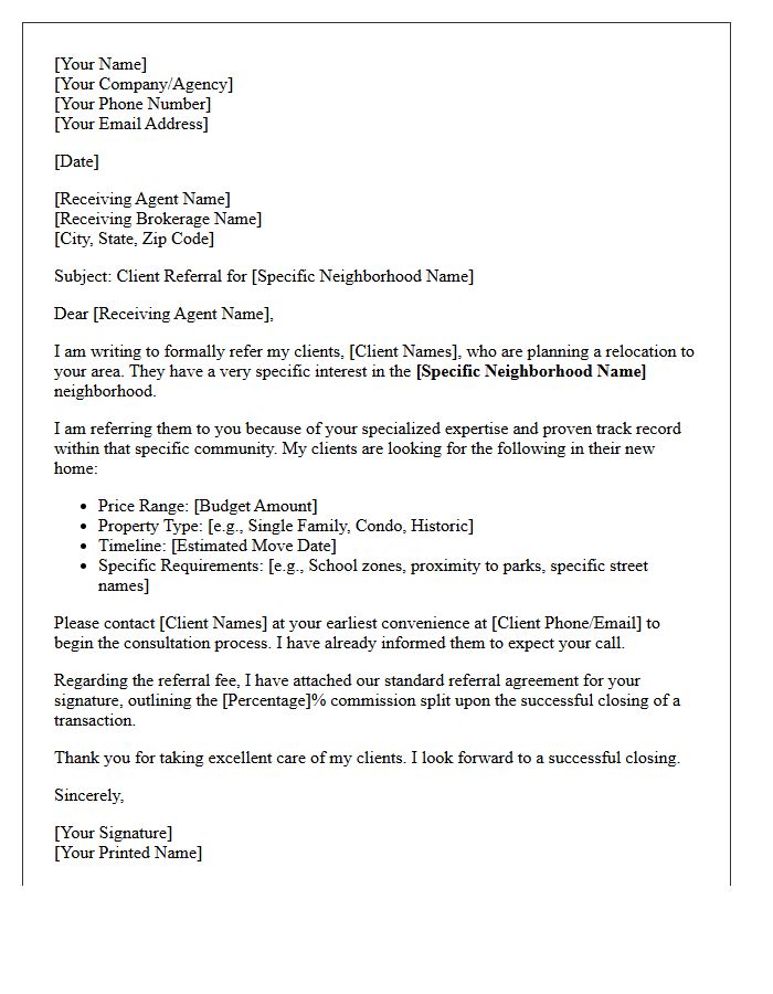 Specific Neighborhood Relocation Referral Letter