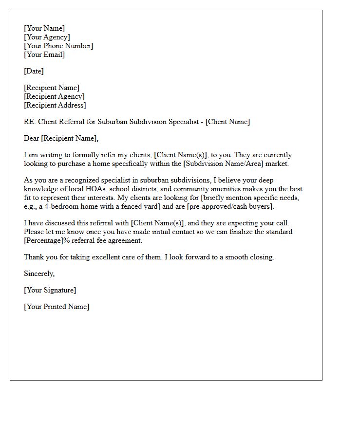 Suburban Subdivision Specialist Referral Letter