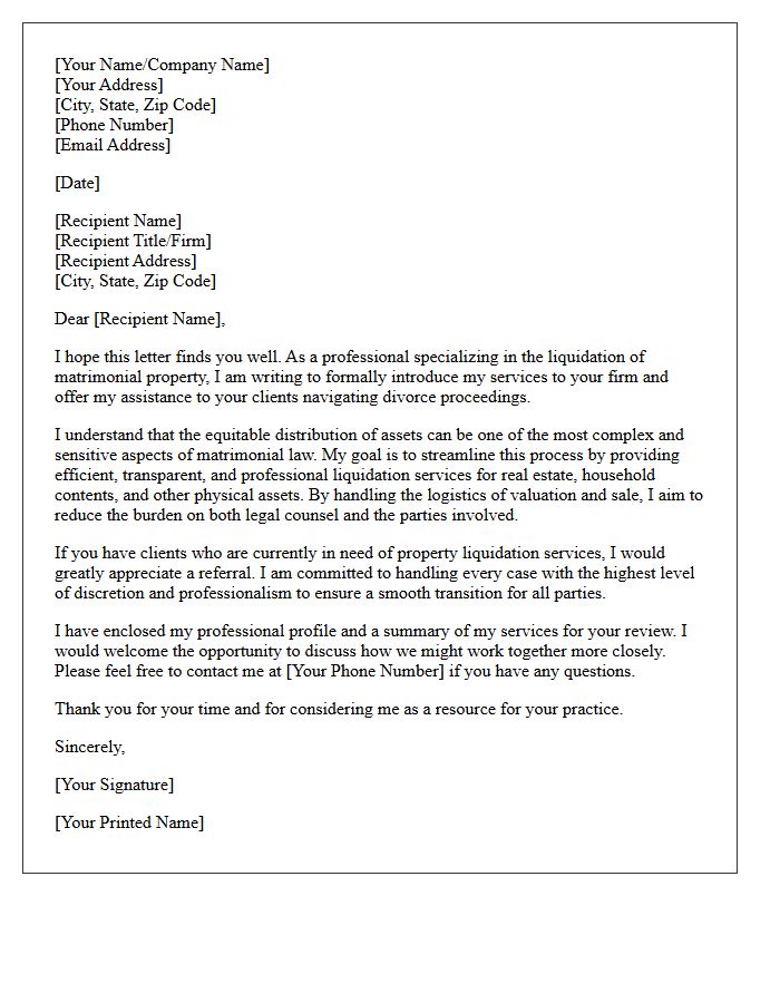 Letter Requesting Client Referrals for Matrimonial Property Liquidations