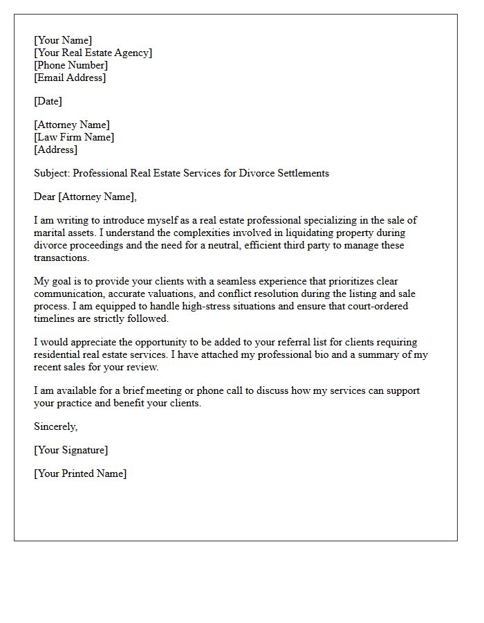 Divorce Attorney Referral Request Letter for Real Estate Asset Sales