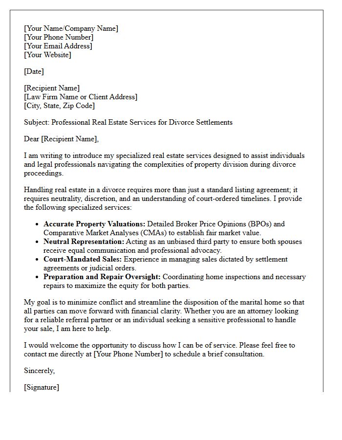 Letter of Introduction for Real Estate Services in Divorce Settlements