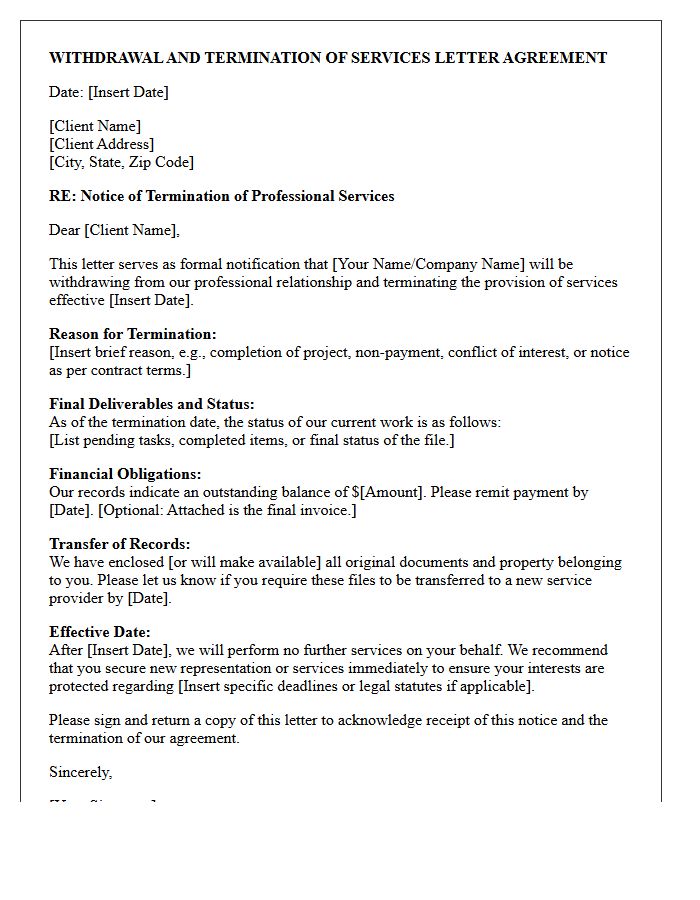 Withdrawal and Termination of Services Letter Agreement