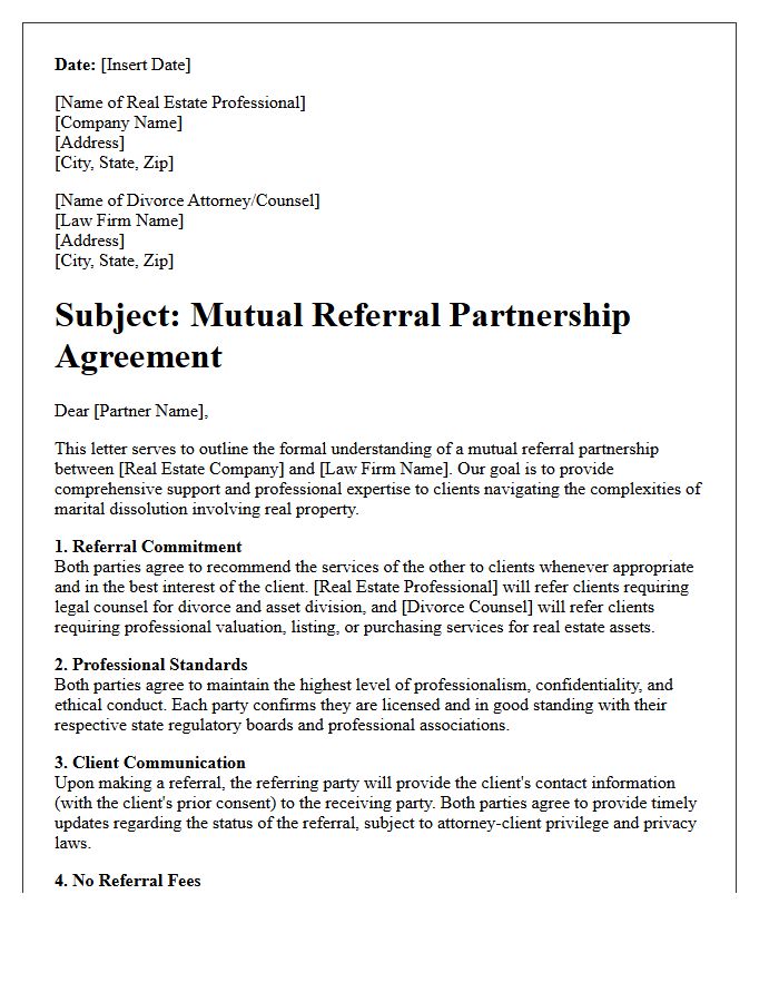 Mutual Referral Agreement Letter Between Real Estate Professionals and Divorce Counsel