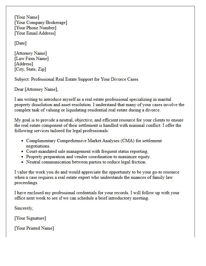 Real Estate Asset Resolution Referral Request Letter for Divorce Attorneys