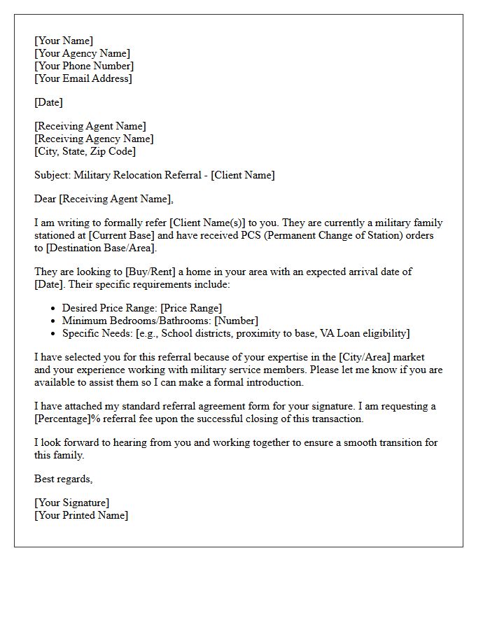 Out Of State Agent Military Relocation Referral Letter