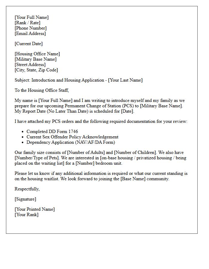 Local Military Base Housing Office Introduction Letter