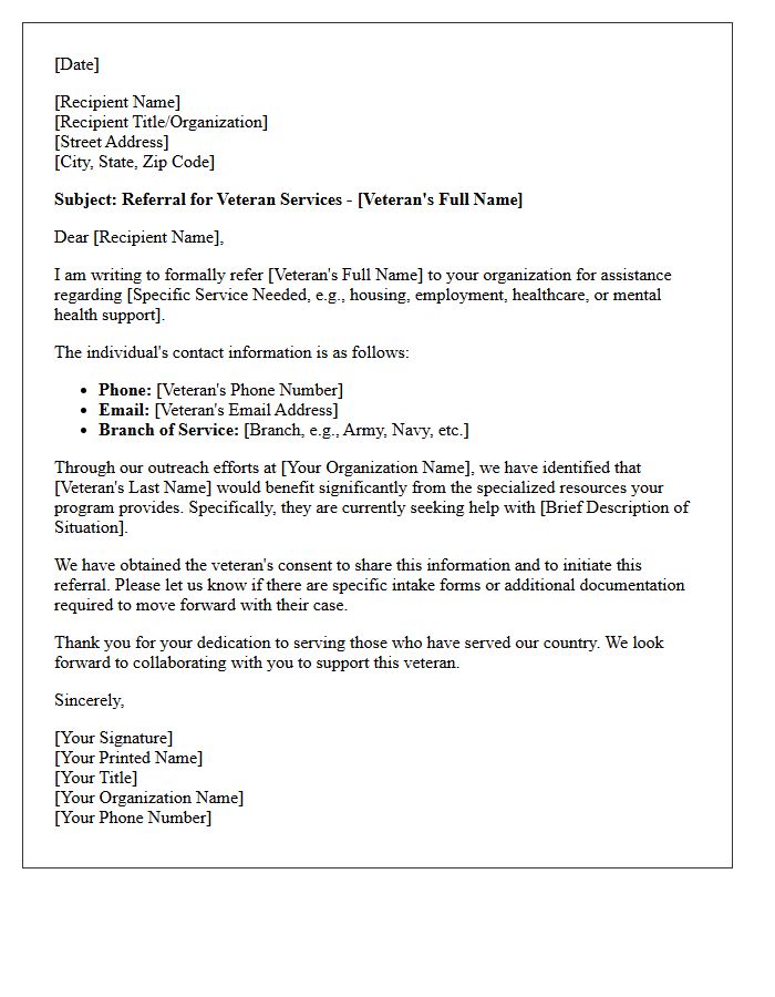 Veterans Organization Community Outreach Referral Letter