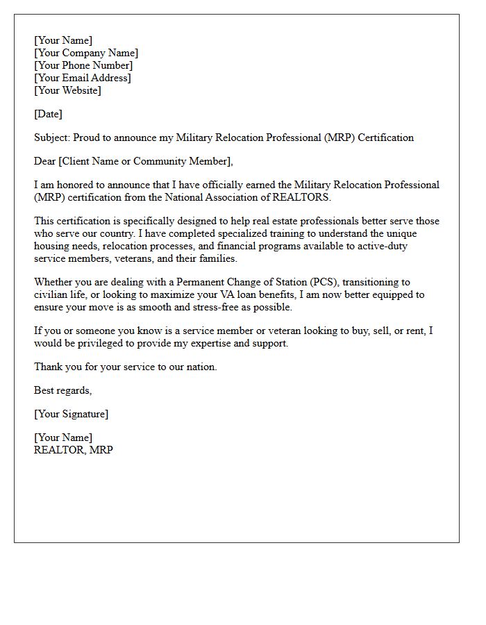 Military Relocation Professional Certification Announcement Letter