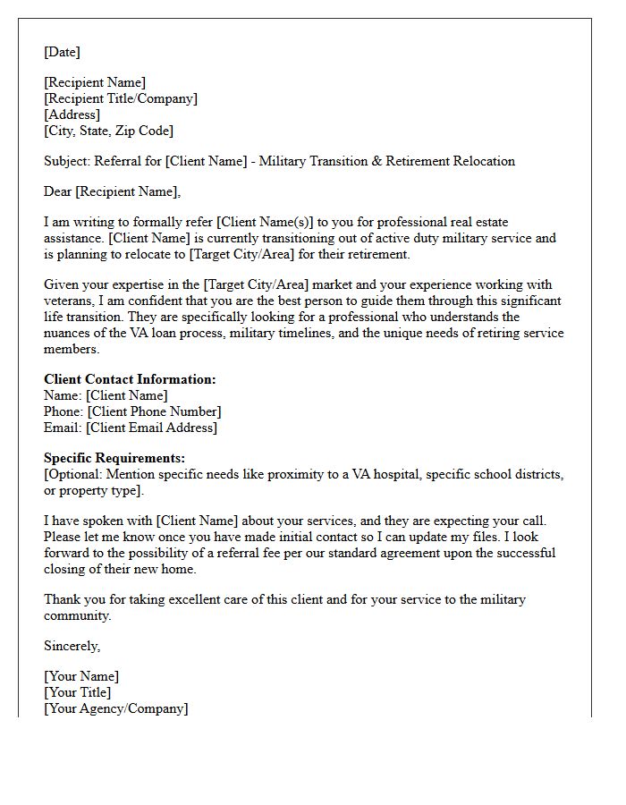 Military Transition And Retirement Real Estate Referral Letter